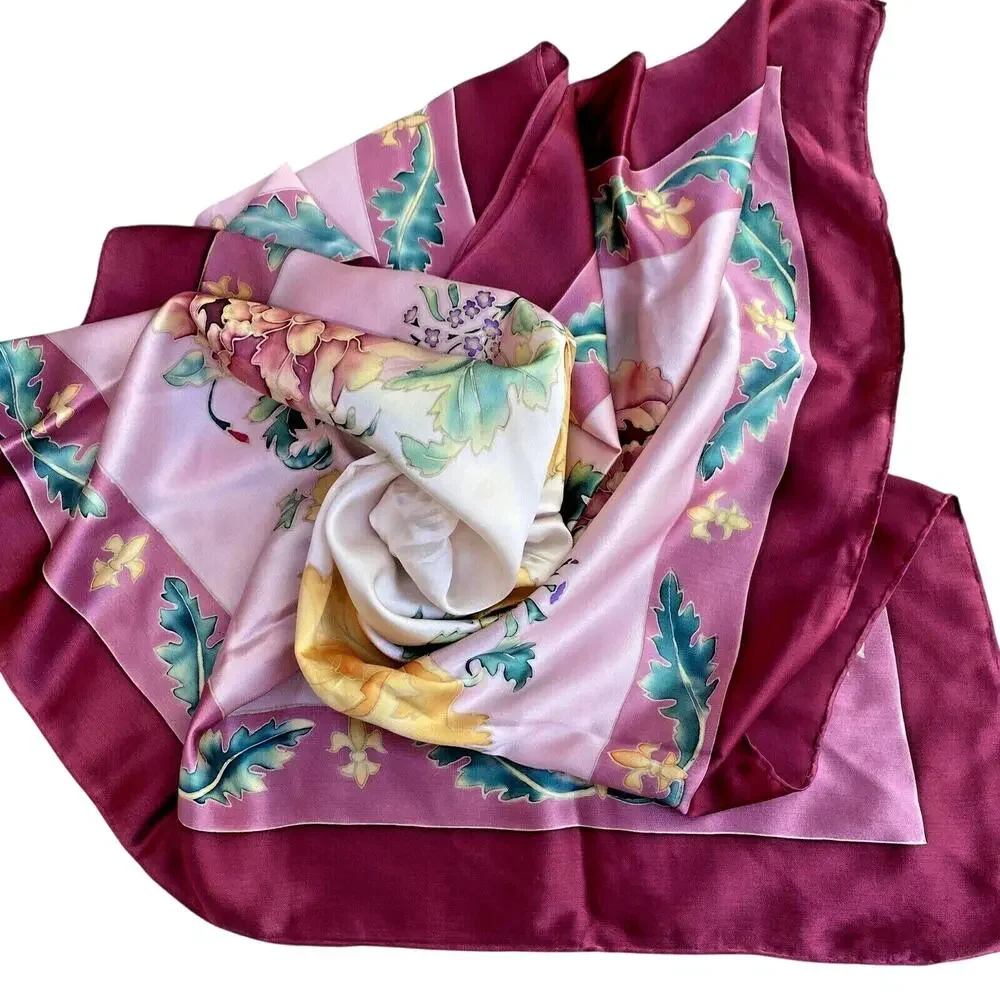 Claudine Dieu hand painted silk scarf 34” square Asian florals pink red yellow